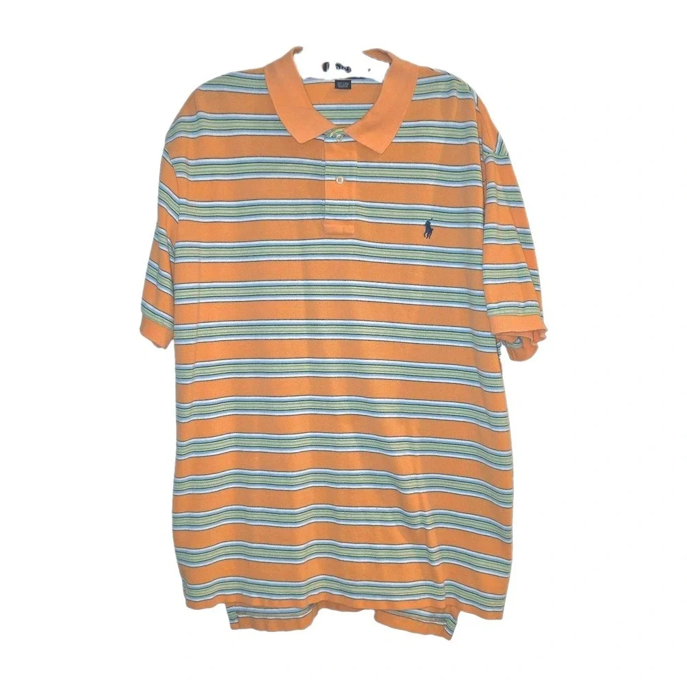 Polo Ralph Lauren Men's Orange and White Striped Short Sleeve Polo Shirt XXL